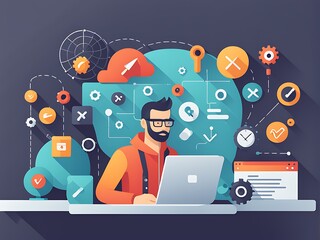  web developer specialist, web development Flat Vector Icons design. Web developers Vector Background design with Icons. 