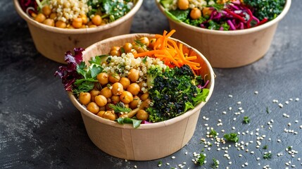 Wall Mural - Takeaway food salads Buddha bowl in round cardboard containers Mediterranean with broccoli and quinoa kale and chickpeas bowls Top view on bright background : Generative AI