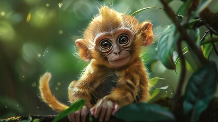 Canvas Print -   A monkey on a tree branch with leaves in the foreground and a blurred background