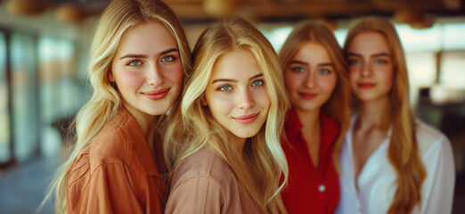 Group of diverse looking business women in an modern office. Stylish happy office staff. Feminism concept. Businesswomen team in office