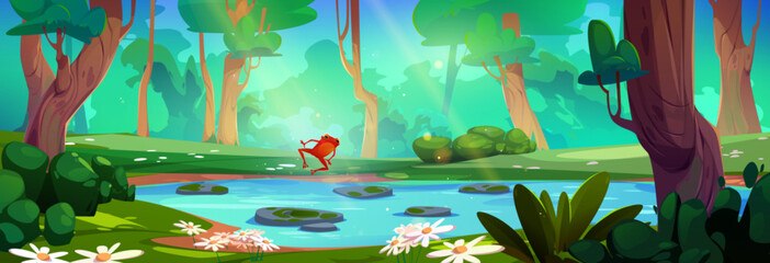 Wall Mural - Frog jumping in summer forest lake. Vector cartoon illustration of beautiful natural scenery with blue river, stones in water, green grass and bushes, bright sunlight penetrating foliage of old trees