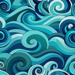 Seamless pattern of abstract waves and swirls in soothing oceanic hues, evoking a sense of calm and tranquility, Generative AI