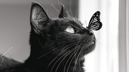 Wall Mural - A black cat is looking at a butterfly