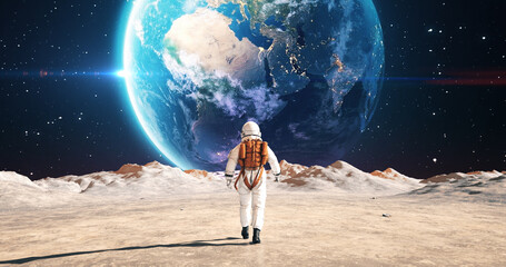 Wall Mural - astronaut on an alien planet walking to his base camp. earth is visible. space related majestic scen
