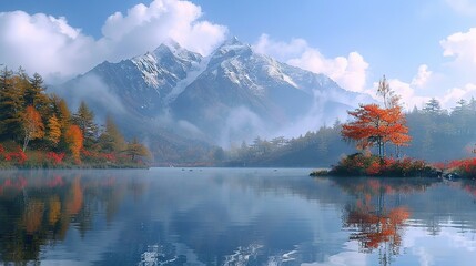 Wall Mural -   A picturesque lake surrounded by majestic mountains, lush trees in the foreground, and billowing clouds overhead