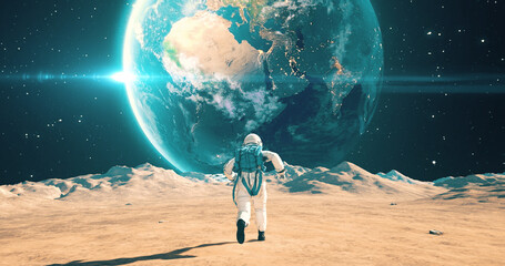 Wall Mural - brave male astronaut running on an alien planet. beautiful earth in sky. space related majestic scen