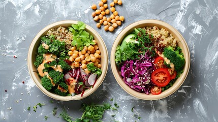 Wall Mural - Takeaway food salads Buddha bowl in round cardboard containers Mediterranean with broccoli and quinoa kale and chickpeas bowls Top view on bright background : Generative AI