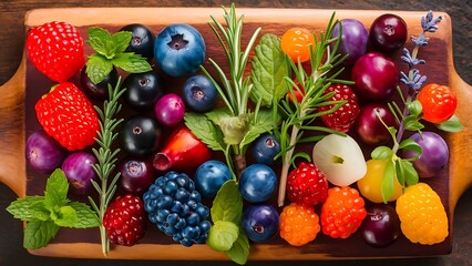 Selection of different drinking vinegars berries with herbs