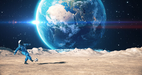 Wall Mural - astronaut on an alien planet playing soccer. space related majestic scene.