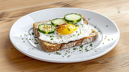 Sticker - Delicious toast with pate boiled egg cucumber and cream cheese on a white plate Healthy eating breakfast Keto diet food Tasty food : Generative AI