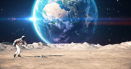 Wall Mural - young astronaut on an alien planet playing soccer. shooting slowly. planet earth is visible. space r
