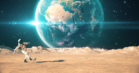 Wall Mural - brave male astronaut on the surface of an alien planet playing soccer. shooting slowly. space relate