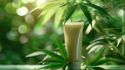 Wall Mural - Cannabis lotion with hemp leaf on blurred background Organic hemp oil CBD cream