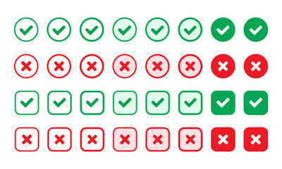 Wall Mural - Right or wrong icons. Green tick and red cross checkmarks. Yes or no symbol, approved or rejected icon for user interface.