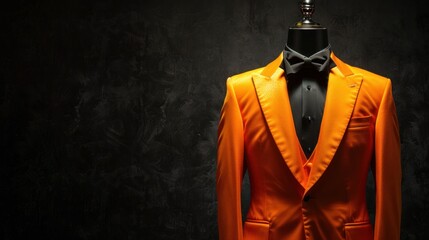 Wall Mural - An orange suit and tuxedo are shown on a mannequin with a black background isolated.