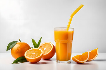 large glass of fresh orange juice with cocktail straw and slice of orange. Generative AI