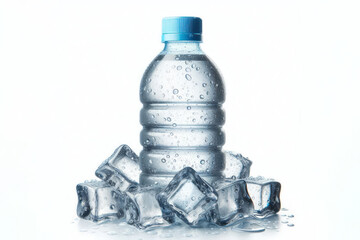 cold plastic bottle of water on ice cubes, transparent plastic bottle with condensation droplets and cap Isolated