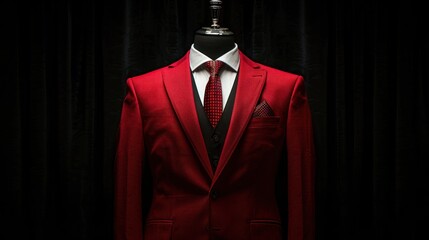 Wall Mural - An isolated black background displays a mannequin in a red tailored suit, tuxedo, against a red background