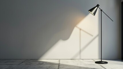 Wall Mural - Metal floor lamp casting shadow in a room with white wall and space for text