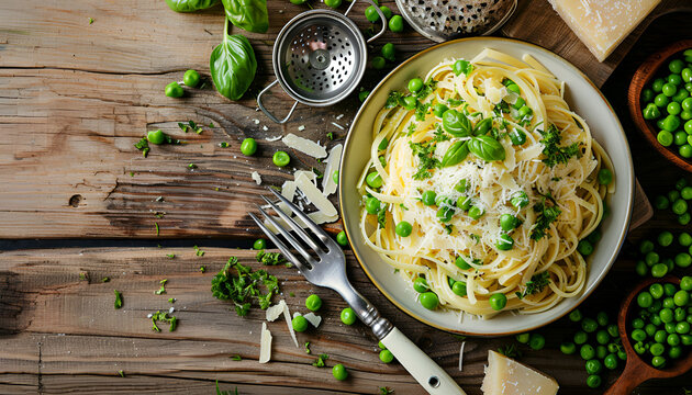 Delicious pasta with green peas, cheese, grater and fork on wooden table, top view