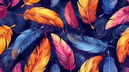 Wall Mural - Seamless pattern featuring colorful feathers of exotic birds.