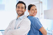 © peopleimages.com - Portrait, dentist team and arms crossed in clinic for orthodontics, collaboration and support. Employees, confident and people for dental care or oral hygiene, healthcare and whitening service