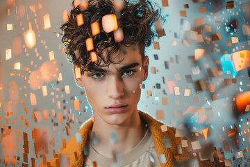 Wall Mural - Young beautiful man posing surrounded with 3d objects background