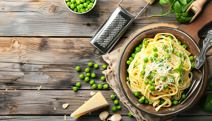 Wall Mural - Delicious pasta with green peas, cheese, grater and fork on wooden table, top view