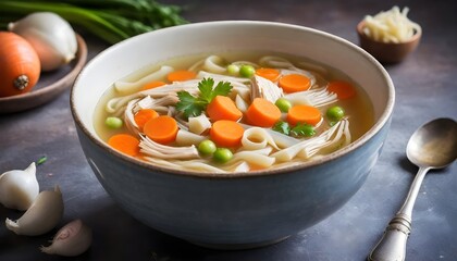 Chicken or vegetable soup broth in a vintage bowl with homemade noodles