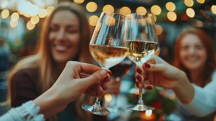 Wall Mural - People toasting wine at party in luxury outdoor restaurant terrace