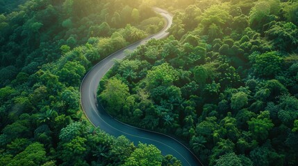 Wall Mural - Aerial view of a winding road through a lush green forest, representing pathways to green energy, sunlight filtering through trees, sustainability focus