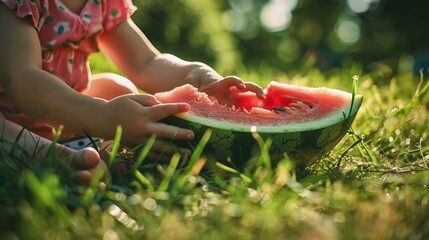 Wall Mural -  child's hands eagerly digging into a watermelon wedge at a picnic in the park, blank space, conveying the delight and joy of indulging in this quintessential summertime treat, watermelon picnic