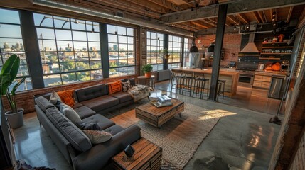 Wall Mural - Apartment living in the city. A modern industrial loft with an open layout and views