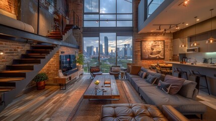 Wall Mural - Apartment living in the city. A modern industrial loft with an open layout and views