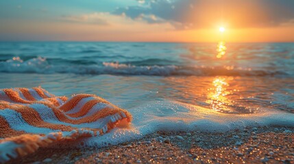 beach blanket symbolizing freedom and unity, Draped over a beach chair by a sparkling blue ocean,  