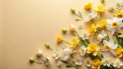 Sticker - Beautiful arrangement of yellow and white flowers on a beige background with space for text.