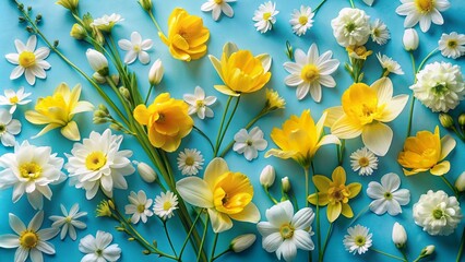 Wall Mural - A vibrant arrangement of yellow and white flowers on a blue background.