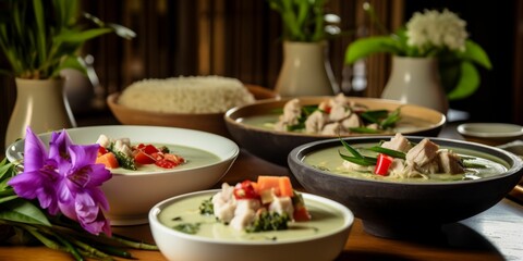 Wall Mural - AI generated illustration of A Thai green curry with chicken and vegetables served in bowls