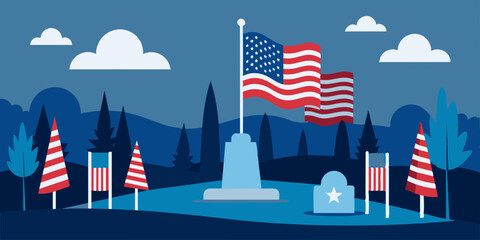 American flag waving over the monument on a sunny day. The patriotic scene with American flag atop a monument.