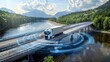 © Atchariya63 - A white semi-truck drives on a highway bridge with blue technology lines around it, showcasing the future of autonomous driving.