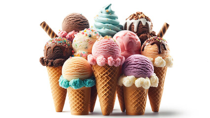 Wall Mural - ice cream in waffle cones, isolated on a white background.