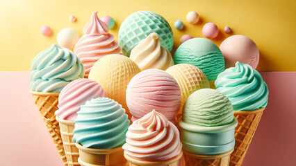 Wall Mural - pastel-colored ice cream in waffle cones, set against a bright background.