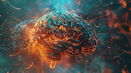 Wall Mural - A 3D visualization showcasing the fusion of human intelligence and AI, represented by a brain interwoven with digital elements and neural networks. Generative AI