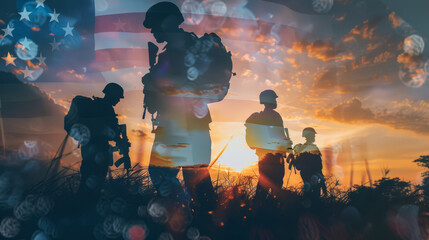 Soldiers against the background of the American flag. Silhouettes of soldiers against the background of the American flag and sunset. Double exposure style image.