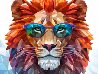 Sticker - Lion head with sunglasses. Abstract polygonal background.