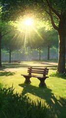 Poster - Tranquil Park Bench at Sunset. peaceful scene of a park bench bathed in warm sunset light, surrounded by lush trees and greenery, creating a serene and calming atmosphere.