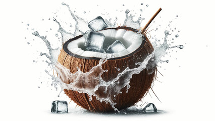 Wall Mural - tropical coconut with ice and splashing water, isolated on a white background.