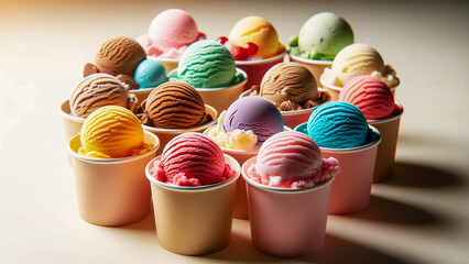 Wall Mural - various colorful ice cream scoops in paper cups.