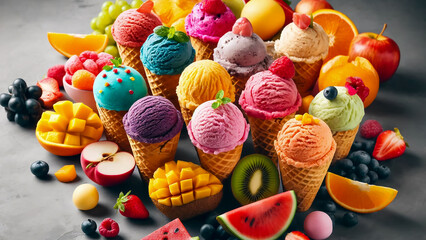 Wall Mural - various colorful ice creams in waffle cones