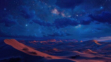 Wall Mural - A serene night in the desert, where the vastness of the sky meets the endless sands, creating a scene of profound tranquility.